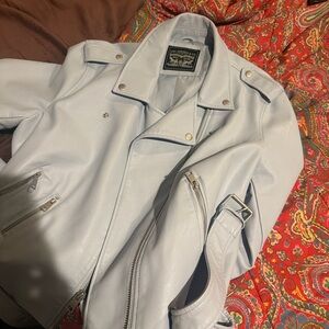 Levi’s Faux Leather Moto Jacket Light Blue Belted Biker Jacket Women- XL